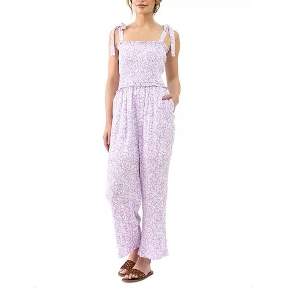Lost + Wander Pants - Lost + Wander Women's Lavender Floral Smocked Crop Ruffle Linen Jumpsuit Women’s
